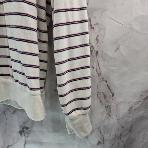 Vintage Sweatshirt Mens Large White Striped Velour 70s 80s Rugby Polo Pullover - Picture 5 of 11